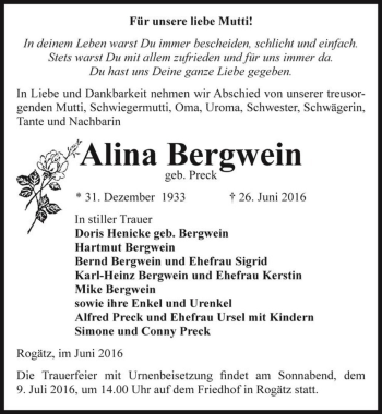 Traueranzeige von Alina Bergwein (geb. Preck)  von Magdeburger Volksstimme