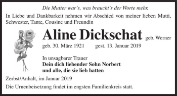 Traueranzeige von Aline Dickschat (geb. Werner)  von Magdeburger Volksstimme