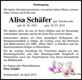 Traueranzeige von Alisa Schäfer  von Magdeburger Volksstimme