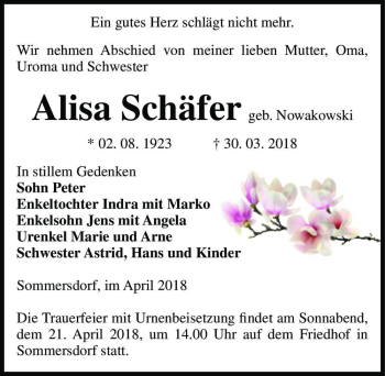Traueranzeige von Alisa Schäfer (geb. Nowakowski)  von Magdeburger Volksstimme