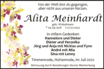 Traueranzeige von Alita Meinhardt (geb. Winkelmann)  von Magdeburger Volksstimme