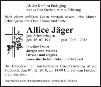 Traueranzeige von Allice Jäger (geb. Schwienhagen)  von Magdeburger Volksstimme
