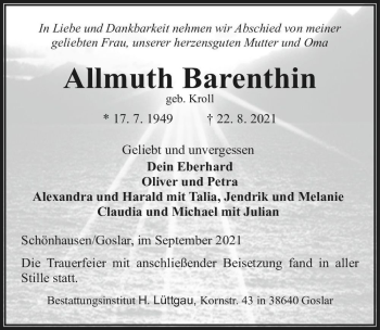 Traueranzeige von Allmuth Barenthin (geb. Kroll)  von Magdeburger Volksstimme
