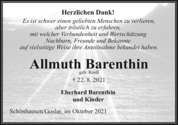 Traueranzeige von Allmuth Barenthin (geb. Kroll)  von Magdeburger Volksstimme