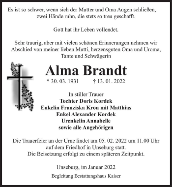 Traueranzeige von Alma Brand  von Magdeburger Volksstimme