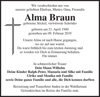 Traueranzeige von Alma Braun (geb. Stickel, verw. Schröder)  von Magdeburger Volksstimme