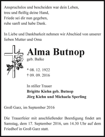 Traueranzeige von Alma Butnop (geb. Balke)  von Magdeburger Volksstimme