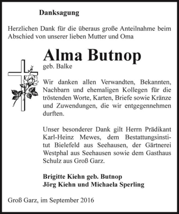 Traueranzeige von Alma Butnop (geb. Balke)  von Magdeburger Volksstimme