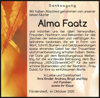 Traueranzeige von Alma Faatz  von Magdeburger Volksstimme