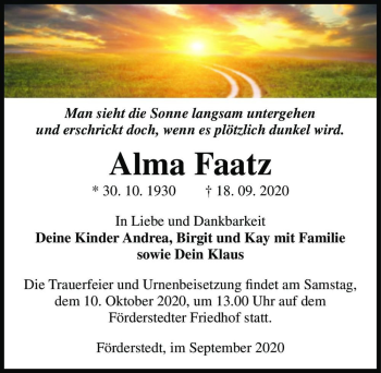 Traueranzeige von Alma Faatz  von Magdeburger Volksstimme