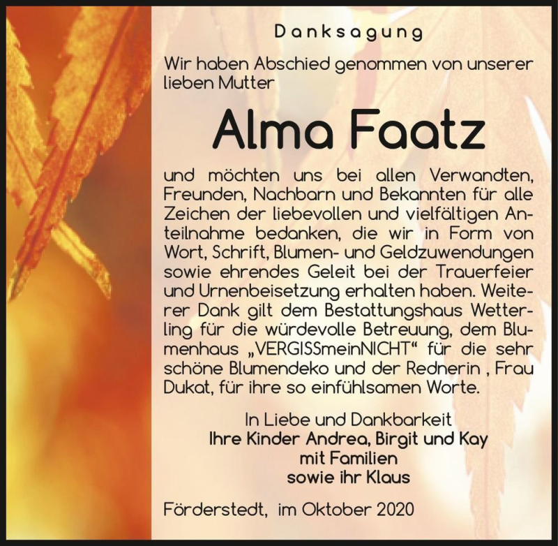  Traueranzeige für Alma Faatz  vom 17.10.2020 aus Magdeburger Volksstimme