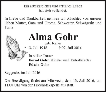 Traueranzeige von Alma Gohr (geb. Reiter)  von Magdeburger Volksstimme