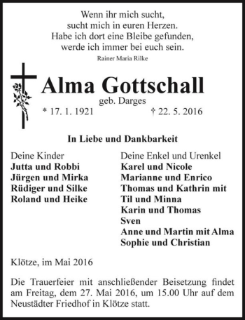 Traueranzeige von Alma Gottschal (geb. Darges)  von Magdeburger Volksstimme
