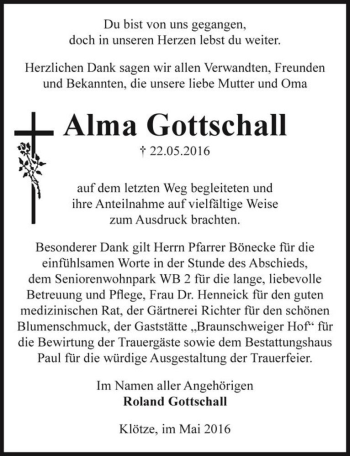 Traueranzeige von Alma Gottschall  von Magdeburger Volksstimme
