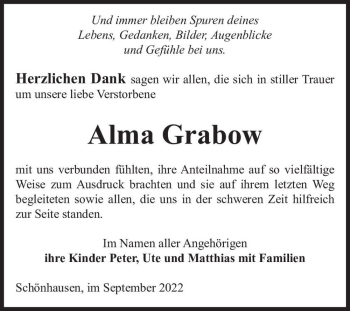 Traueranzeige von Alma Grabow  von Magdeburger Volksstimme