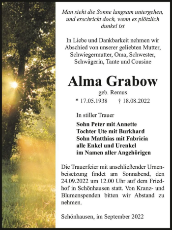 Traueranzeige von Alma Grabow (geb. Remus)  von Magdeburger Volksstimme
