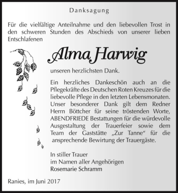 Traueranzeige von Alma Harwig  von Magdeburger Volksstimme
