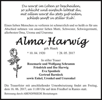 Traueranzeige von Alma Harwig (geb. Haack)  von Magdeburger Volksstimme