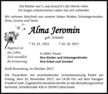 Traueranzeige von Alma Jeromin (geb. Schmidt)  von Magdeburger Volksstimme