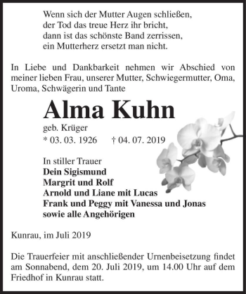 Traueranzeige von Alma Kuhn (geb. Krüger)  von Magdeburger Volksstimme