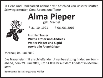Traueranzeige von Alma Pieper (geb. Machel)  von Magdeburger Volksstimme