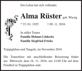 Traueranzeige von Alma Rüster (geb. Wiesig)  von Magdeburger Volksstimme
