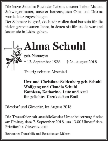 Traueranzeige von Alma Schuhl (geb. Niemeyer)  von Magdeburger Volksstimme