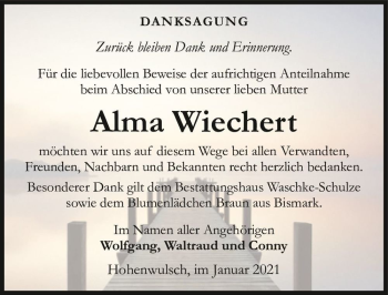 Traueranzeige von Alma Wiechert  von Magdeburger Volksstimme