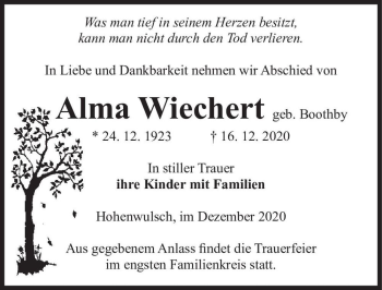Traueranzeige von Alma Wiechert (geb. Boothby)  von Magdeburger Volksstimme