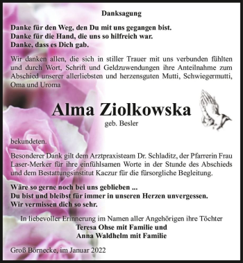 Traueranzeige von Alma Ziolkowska (geb. Besler)  von Magdeburger Volksstimme