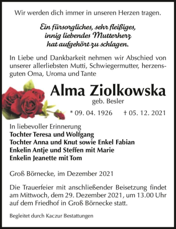 Traueranzeige von Alma Ziolkowska (geb. Besler)  von Magdeburger Volksstimme