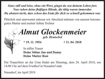 Traueranzeige von Almut Glockenmeier (geb. Hentschel)  von Magdeburger Volksstimme