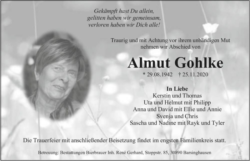  Traueranzeige für Almut Gohlke  vom 05.12.2020 aus Magdeburger Volksstimme