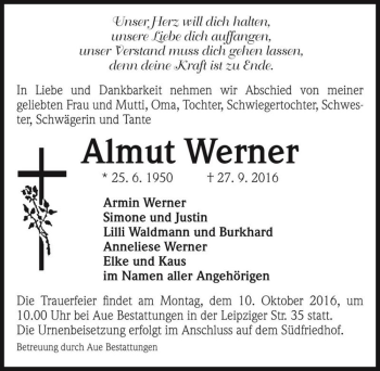 Traueranzeige von Almut Werner  von Magdeburger Volksstimme