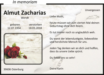 Traueranzeige von Almut Zacharias (geb. Wendt)  von Magdeburger Volksstimme