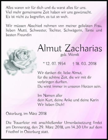 Traueranzeige von Almut Zacharias (geb. Wendt)  von Magdeburger Volksstimme