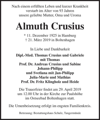 Traueranzeige von Almuth Crusius  von Magdeburger Volksstimme