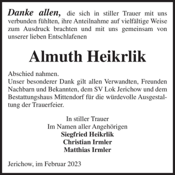 Traueranzeige von Almuth Heikrlik  von Magdeburger Volksstimme
