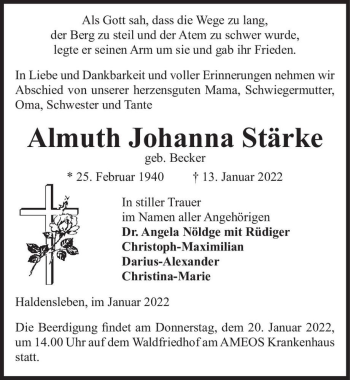 Traueranzeige von Almuth Johanna Stärke (geb. Becker)  von Magdeburger Volksstimme