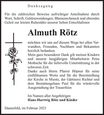 Traueranzeige von Almuth Rötz  von Magdeburger Volksstimme