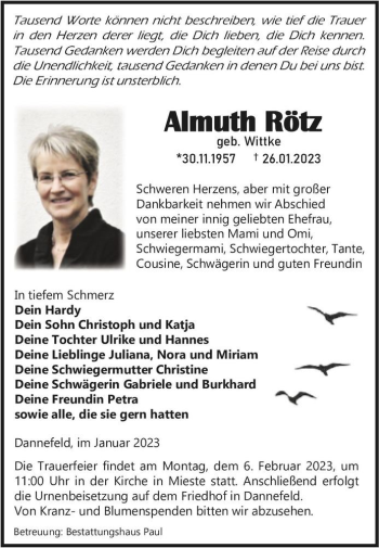 Traueranzeige von Almuth Rötz (geb. Wittke)  von Magdeburger Volksstimme