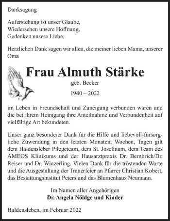 Traueranzeige von Almuth Stärke (geb. Becker)  von Magdeburger Volksstimme