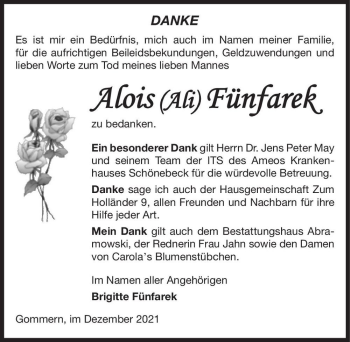 Traueranzeige von Alois (Ali) Fünfarek  von Magdeburger Volksstimme