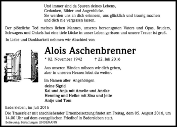 Traueranzeige von Alois Aschenbrenner  von Magdeburger Volksstimme