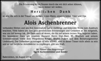 Traueranzeige von Alois Aschenbrenner  von Magdeburger Volksstimme