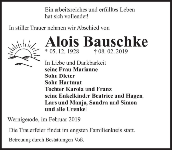 Traueranzeige von Alois Bauschke  von Magdeburger Volksstimme
