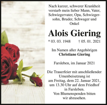 Traueranzeige von Alois Giering  von Magdeburger Volksstimme