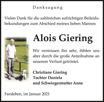Traueranzeige von Alois Giering  von Magdeburger Volksstimme