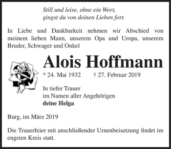 Traueranzeige von Alois Hoffmann  von Magdeburger Volksstimme