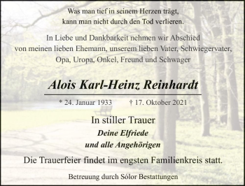 Traueranzeige von Alois Karl-Heinz Reinhardt  von Magdeburger Volksstimme
